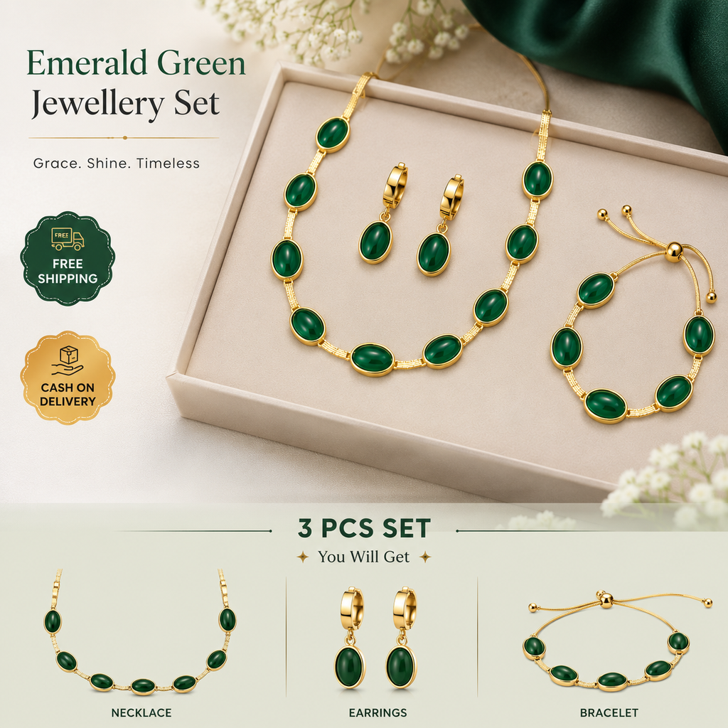 3 Pcs Oval Green Crystal Jewellery Set for Women