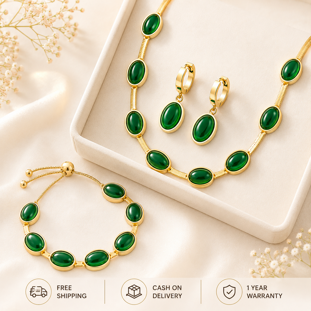 3 Pcs Oval Green Crystal Jewellery Set for Women