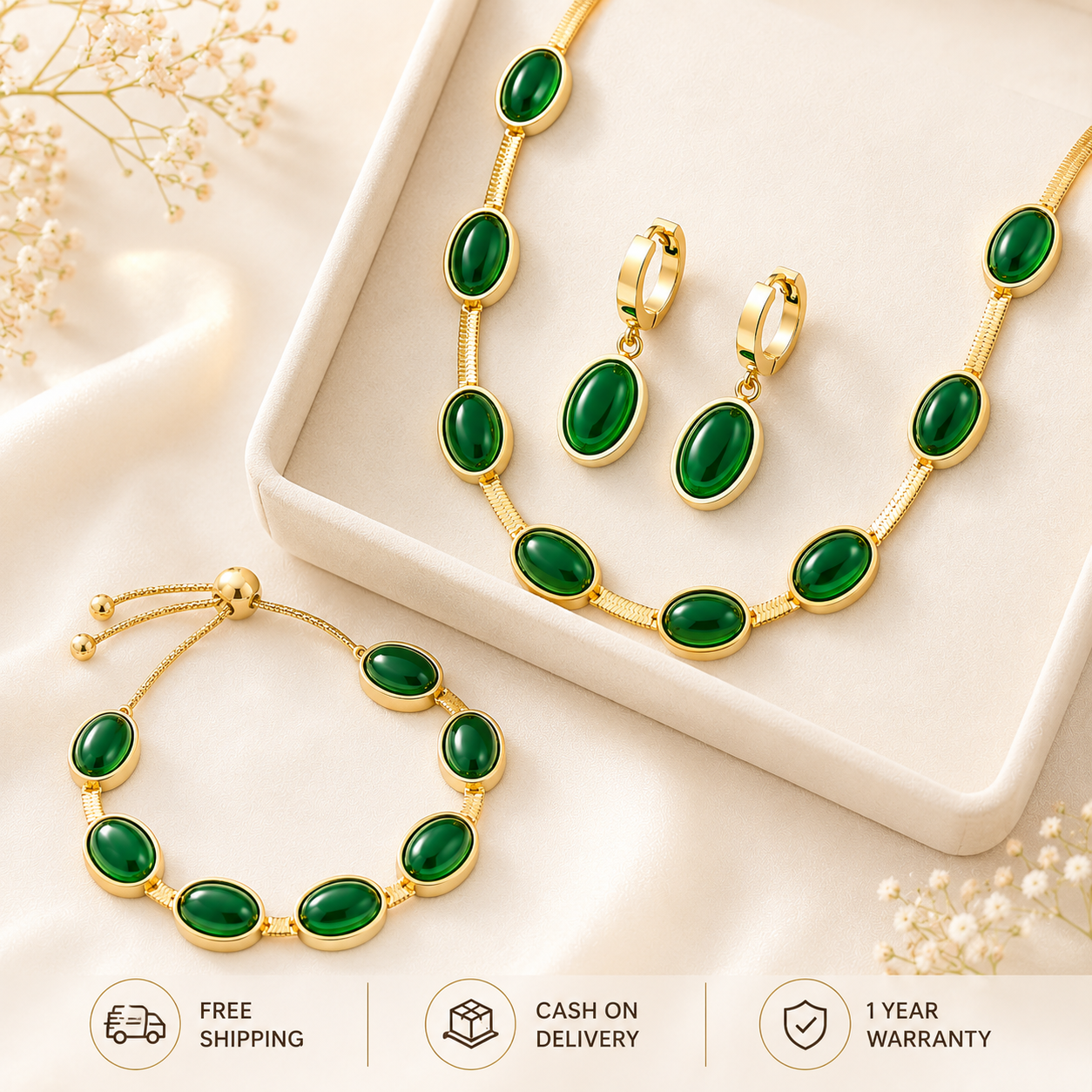 3 Pcs Oval Green Crystal Jewellery Set for Women