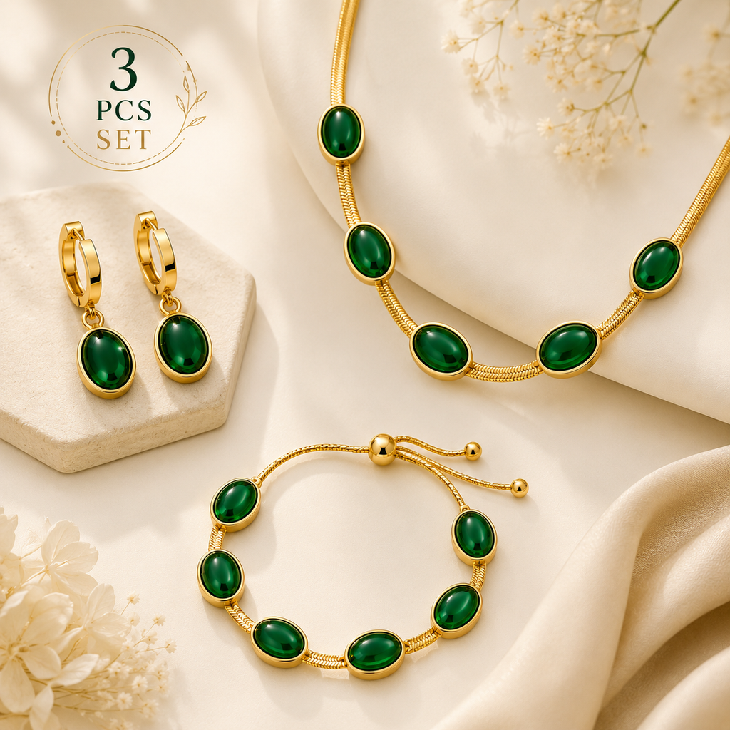 3 Pcs Oval Green Crystal Jewellery Set for Women