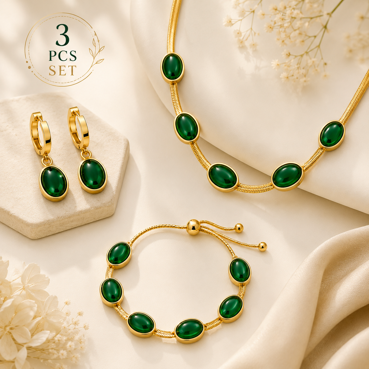 3 Pcs Oval Green Crystal Jewellery Set for Women
