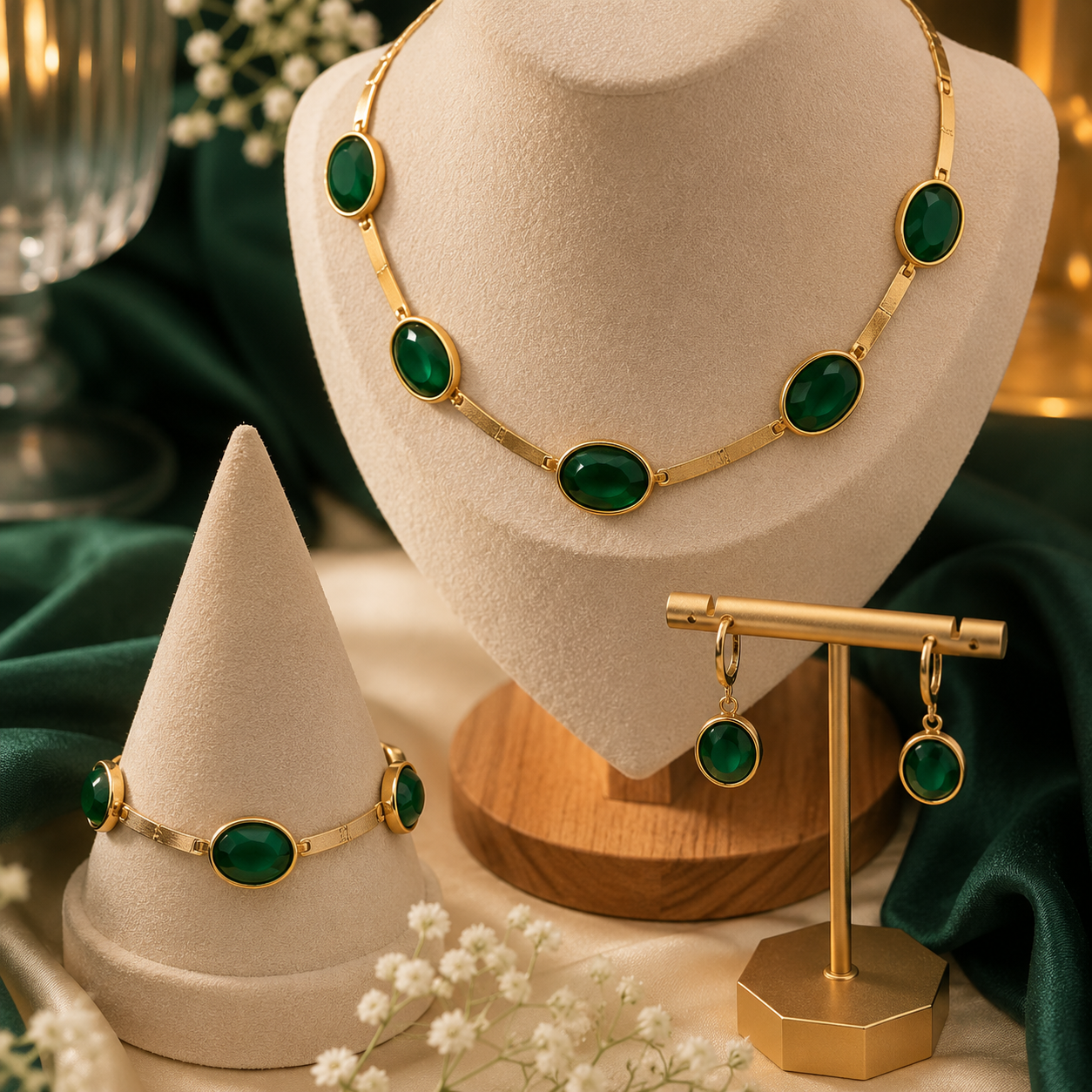 3 Pcs Oval Green Crystal Jewellery Set for Women