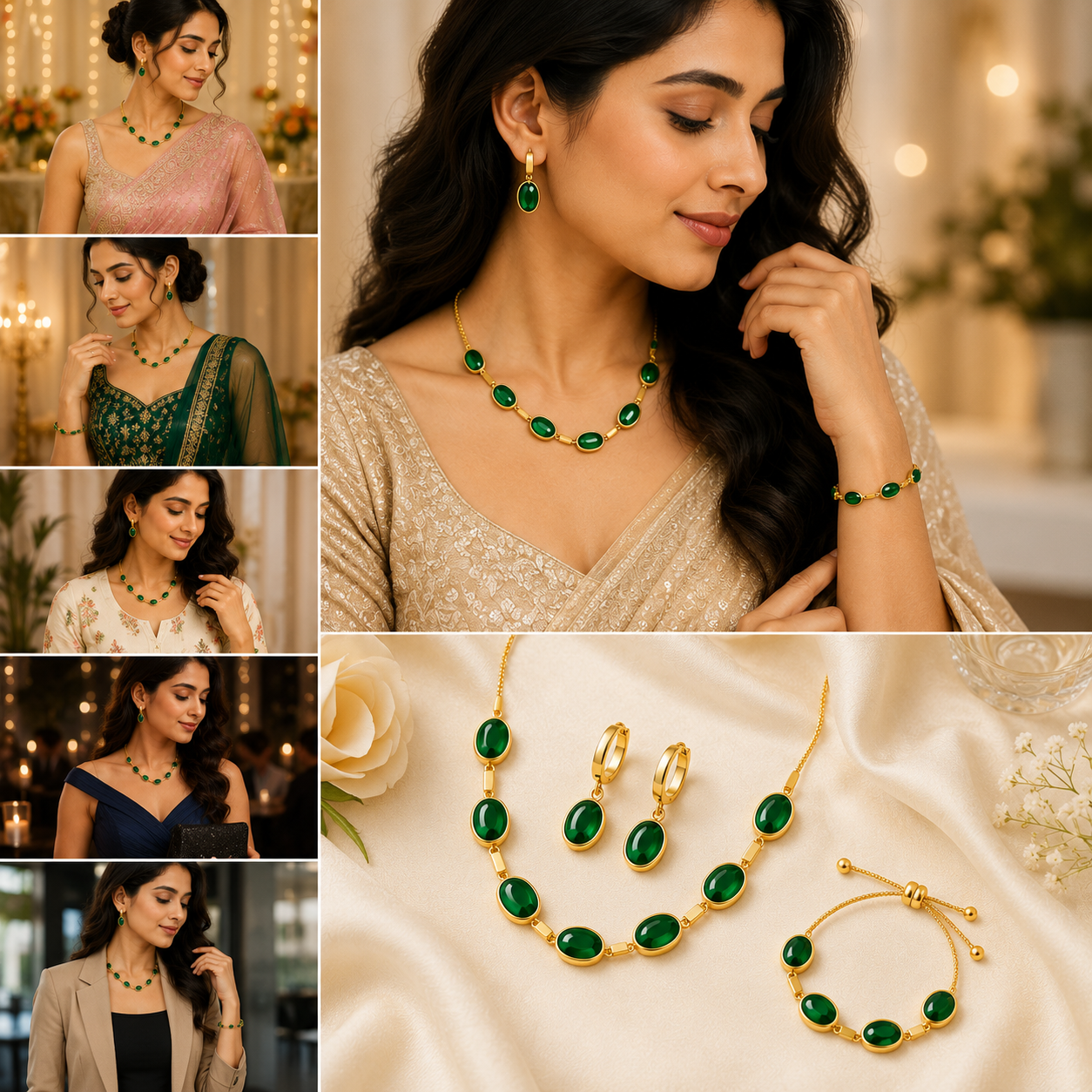 3 Pcs Oval Green Crystal Jewellery Set for Women